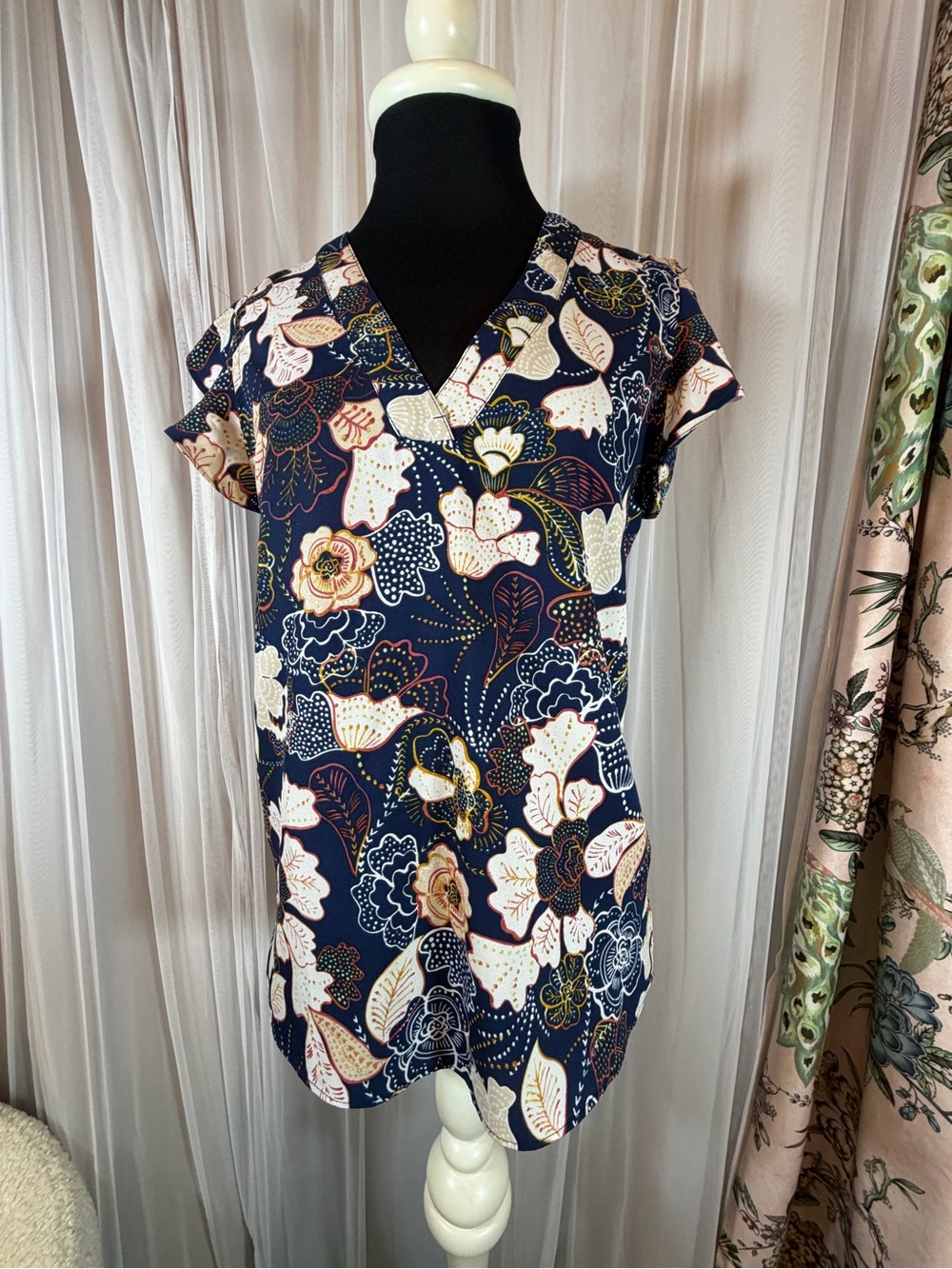 Navy Floral V-Neck Blouse - Women